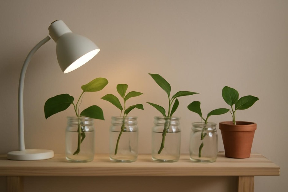 Glass jars and a small shelf with plant cuttings in water under a soft lamp