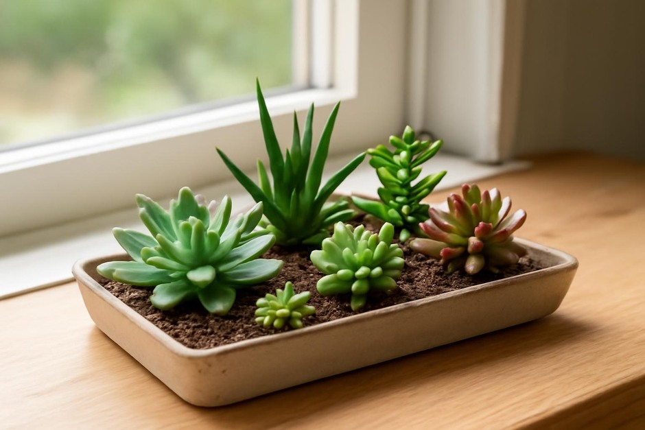 A small tray of mixed succulents on a sunny windowsill