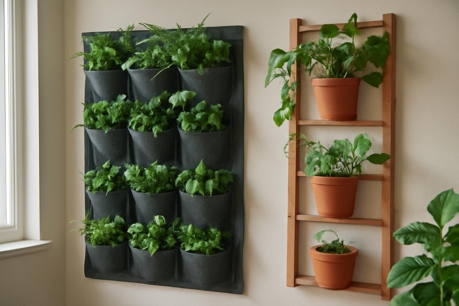Indoor vertical plant wall combining pocket planters and pots