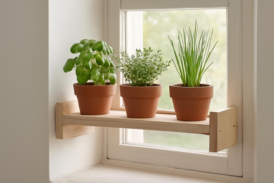 Compact wooden window herb shelf holding small pots of basil, thyme, and chives